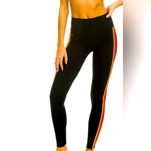 AVIATOR NATION HIGH WAIST FULL LENGTH 5 STRIPES LEGGINGS - BLACK - Picture 5 of 7